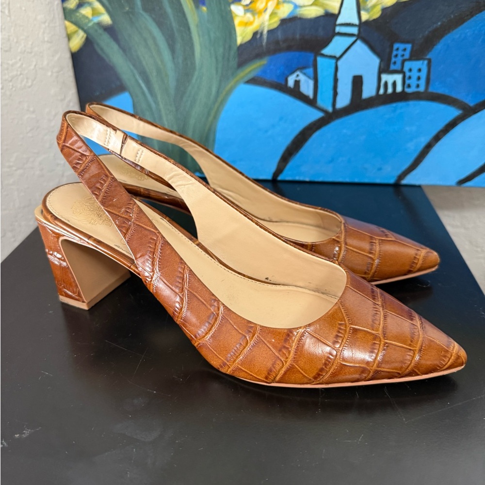 Vince Camuto Tan Croc-Embossed Slingback Heels Size 8